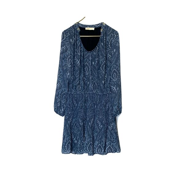 Michael Kors Blue Paisley Peasant Sleeve U Neck sheath Chiffon Dress formal - Picture 3 of 16